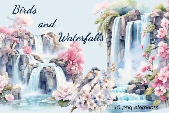 Birds and Waterfalls, Watercolor, Summer