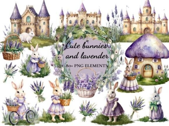 Cute Bunnies and Lavender: A Vintage Watercolor Collection for Creative Projects