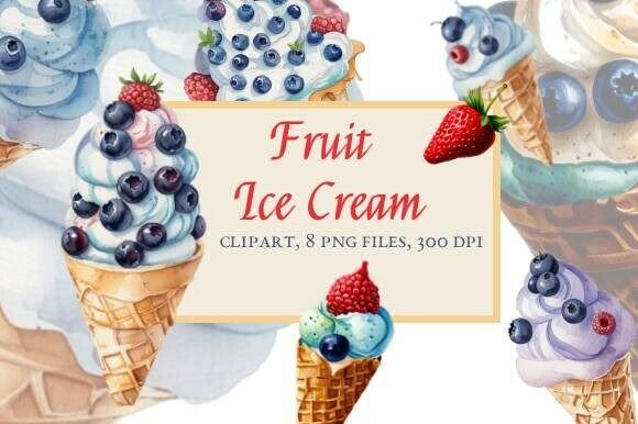 Fruit Ice Cream, Strawberry, Watercolor