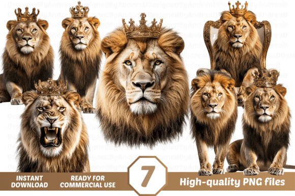 Lion Clipart, Lion with Crown PNG Bundle: A Versatile Design Resource for Creators and Businesses