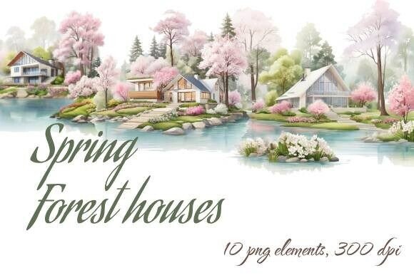 Spring, Forest Houses, Lake, River, PNG: A Creative Collection for Modern Designers