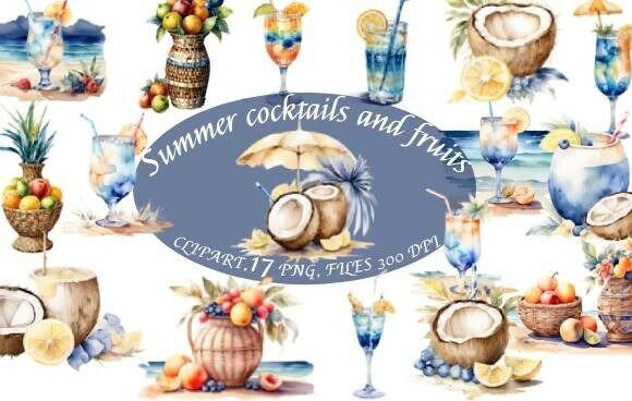 Summer Cocktails and Fruits in PNG Format for Creative Projects