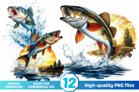 Watercolor Bass Fish Clipart Bundle