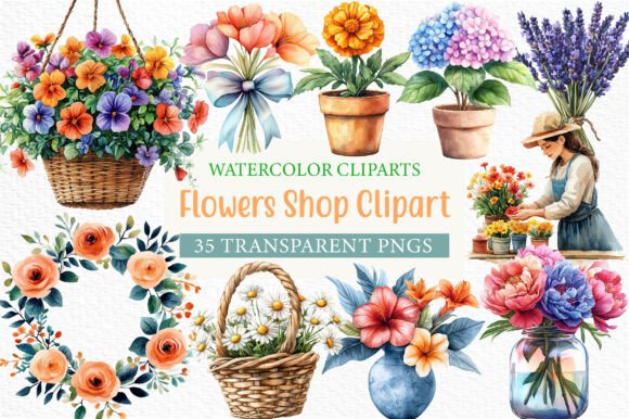 Watercolor Flowers Shop Clipart Bundle: Elevate Your Creative Projects with Elegance and Charm