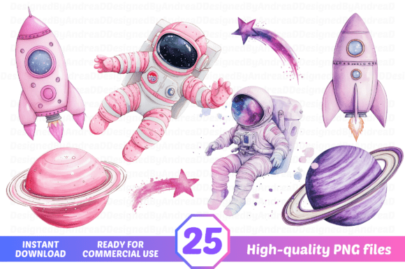 Watercolor Pink Space Clipart Bundle